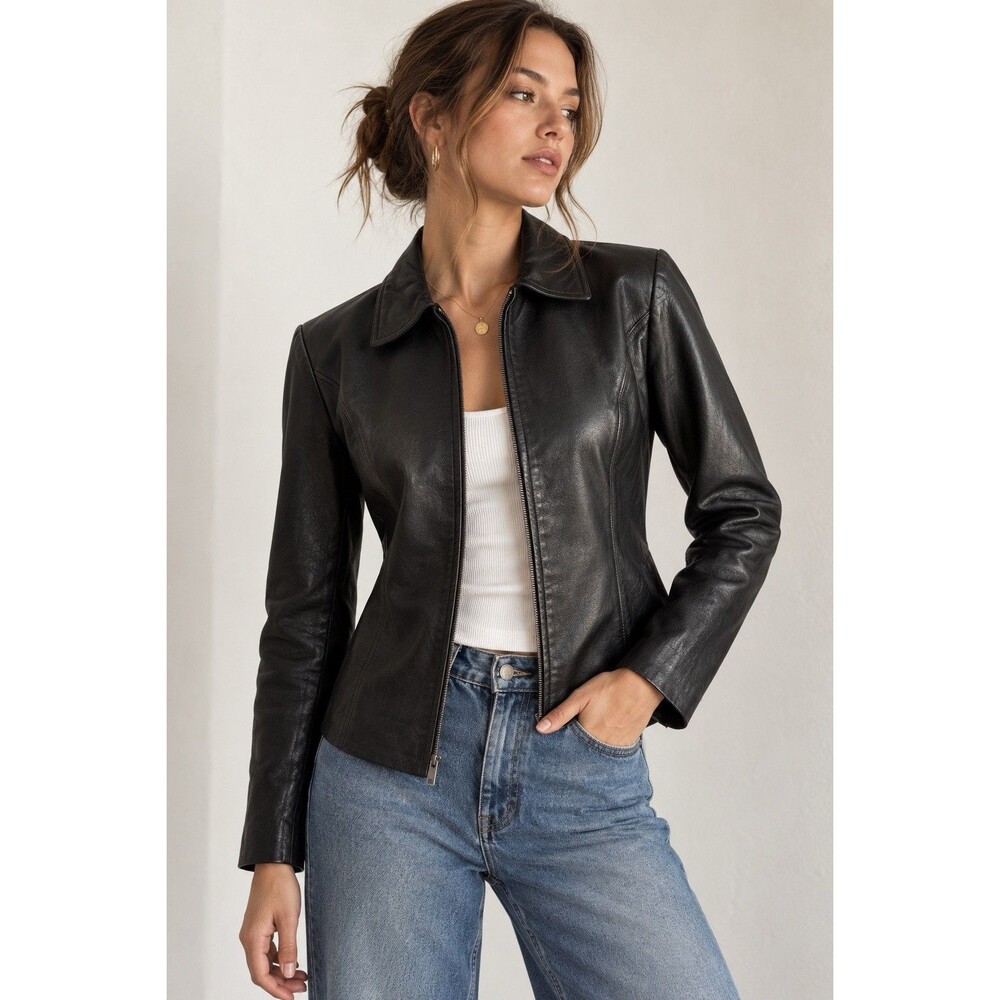Worthington Petite Black Genuine Leather Zip Front Jacket 90s Y2K Small PS
